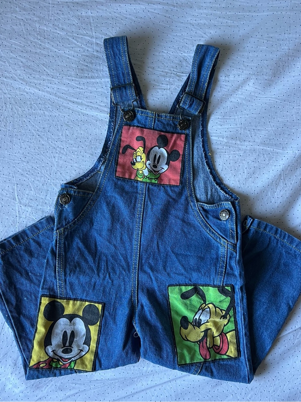 Disney Blue Denim Kids Overalls with Mickey & Pluto Patches